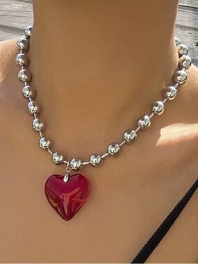 Beaded Necklace Big Large Red Heart Glass Crystal Pendant Charm 3D New Gift